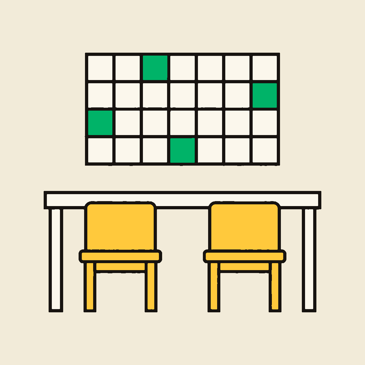 A studio desk with two chairs and a wall calendar